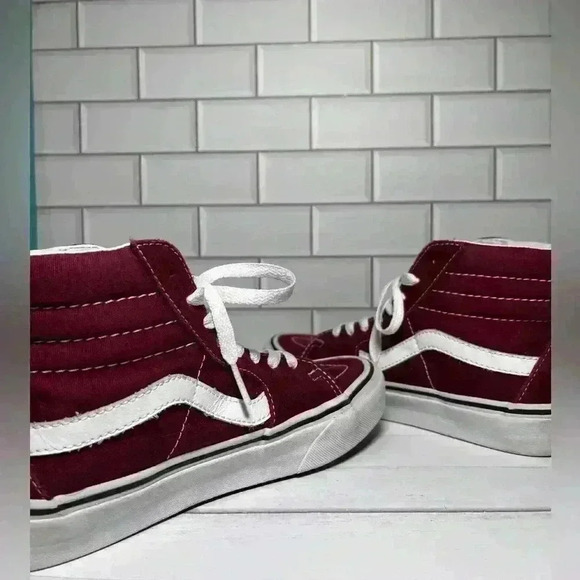 Vans Men's Burgundy and White High-Top Sneakers - Picture 3 of 13